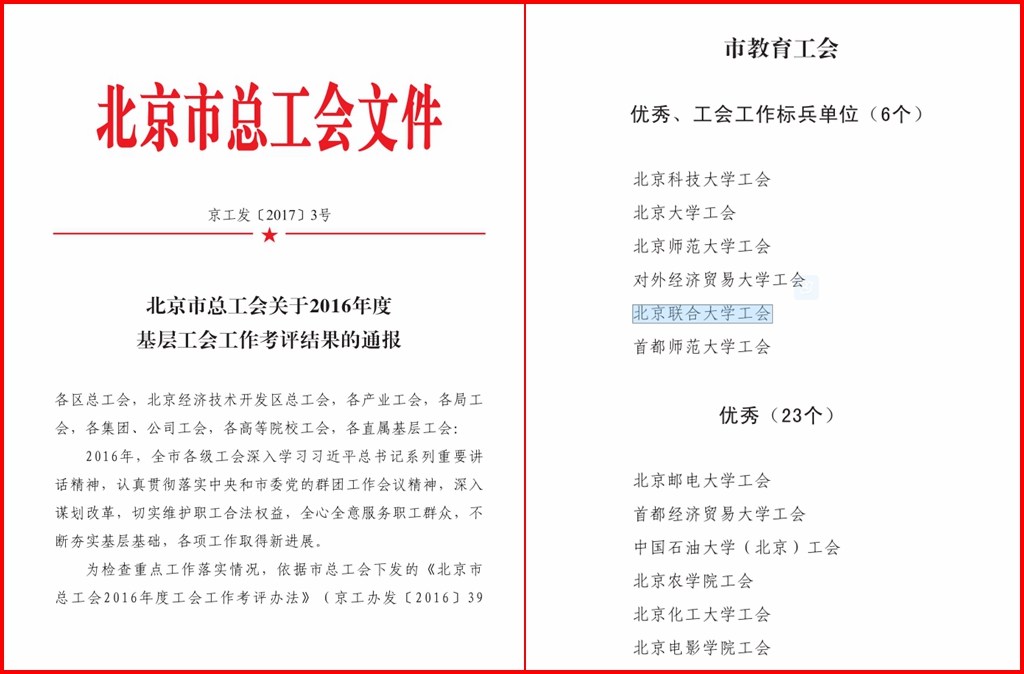 校工会获得北京市总工会2016年“工会工作标兵单位”